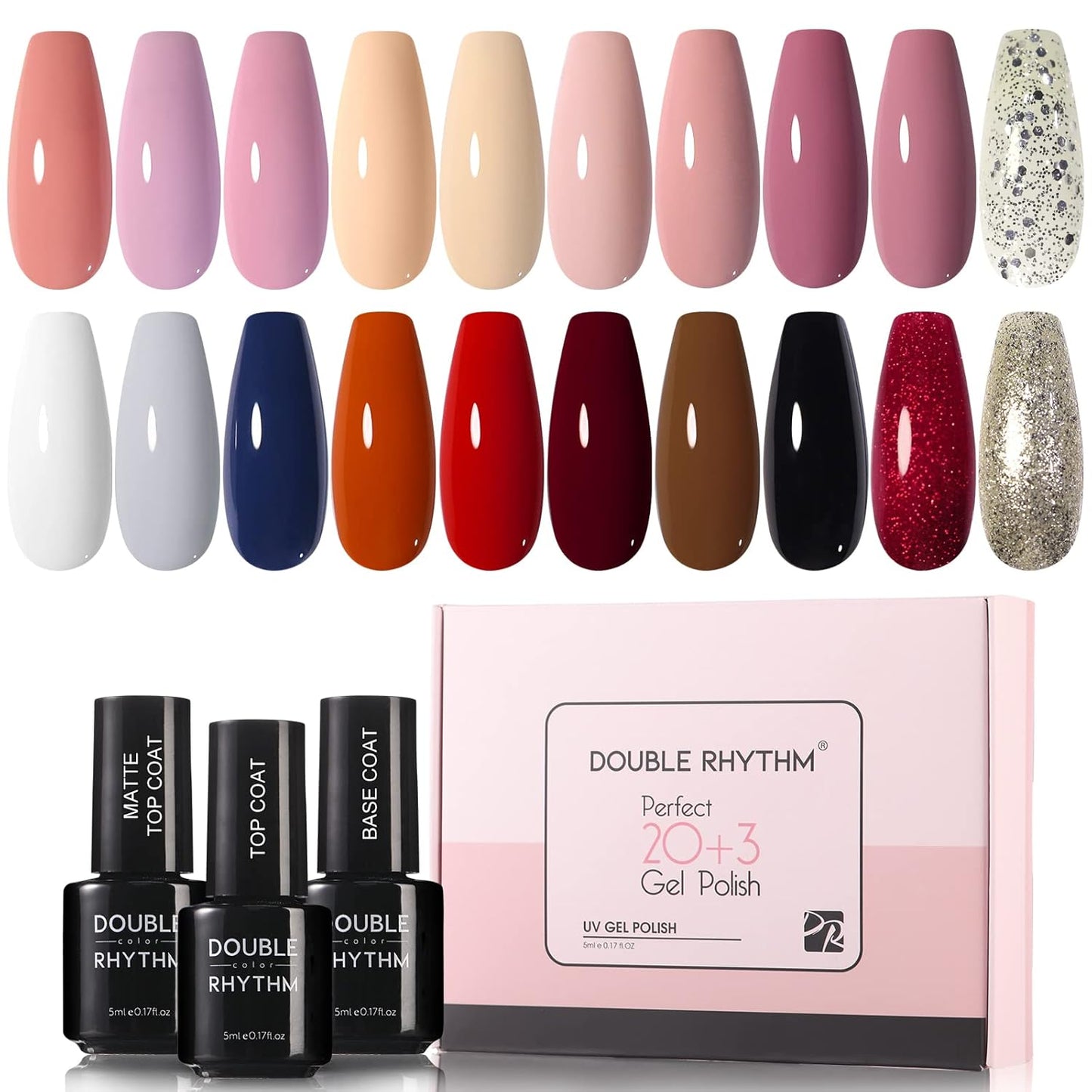 Double Rhythm Juego de esmaltes de uñas de gel, kit de 20.
