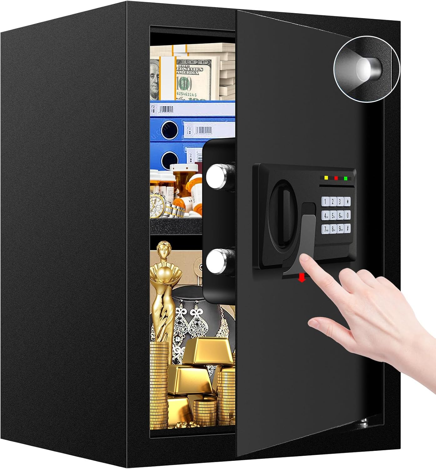 Caja de seguridad digital con teclado electrónico y llaves.