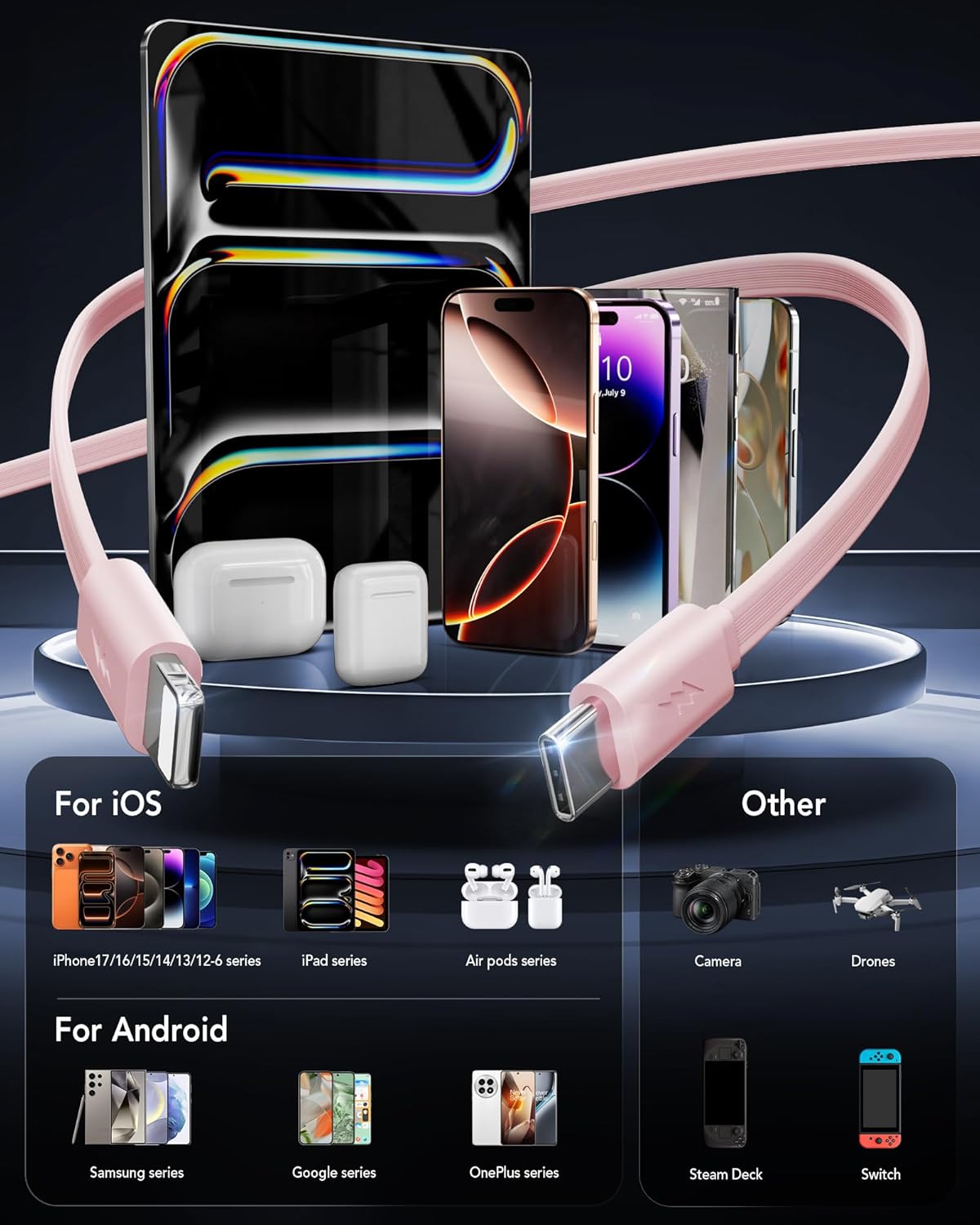 Cargador de pared retráctil 4 en 1, retráctil, Carga rápida, (USADO).