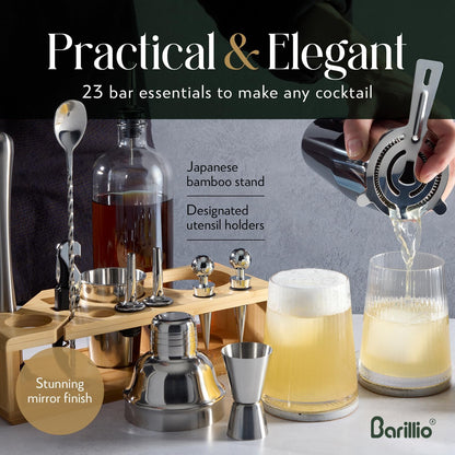 Kit de mixología para bartender, Barillio, soporte de bambú.