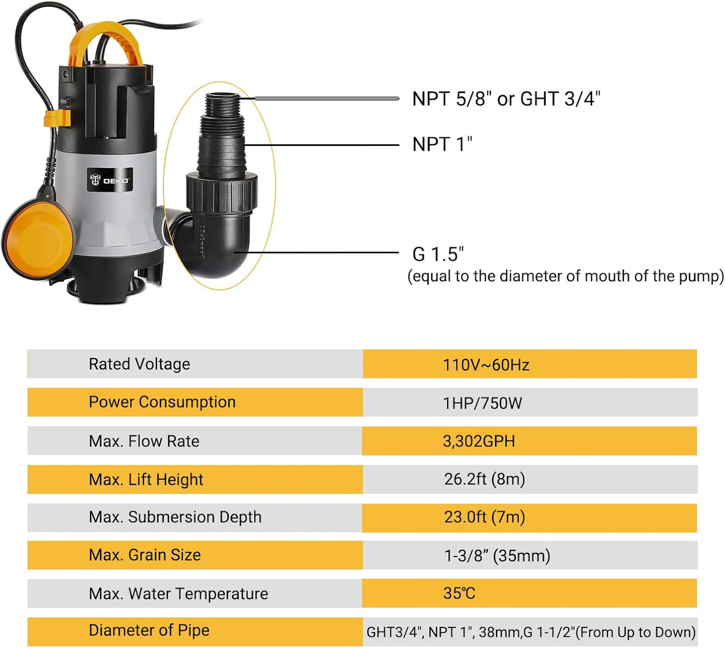 Bomba de sumidero DEKOPRO, bomba de agua sumergible de 750 W.(USADA)