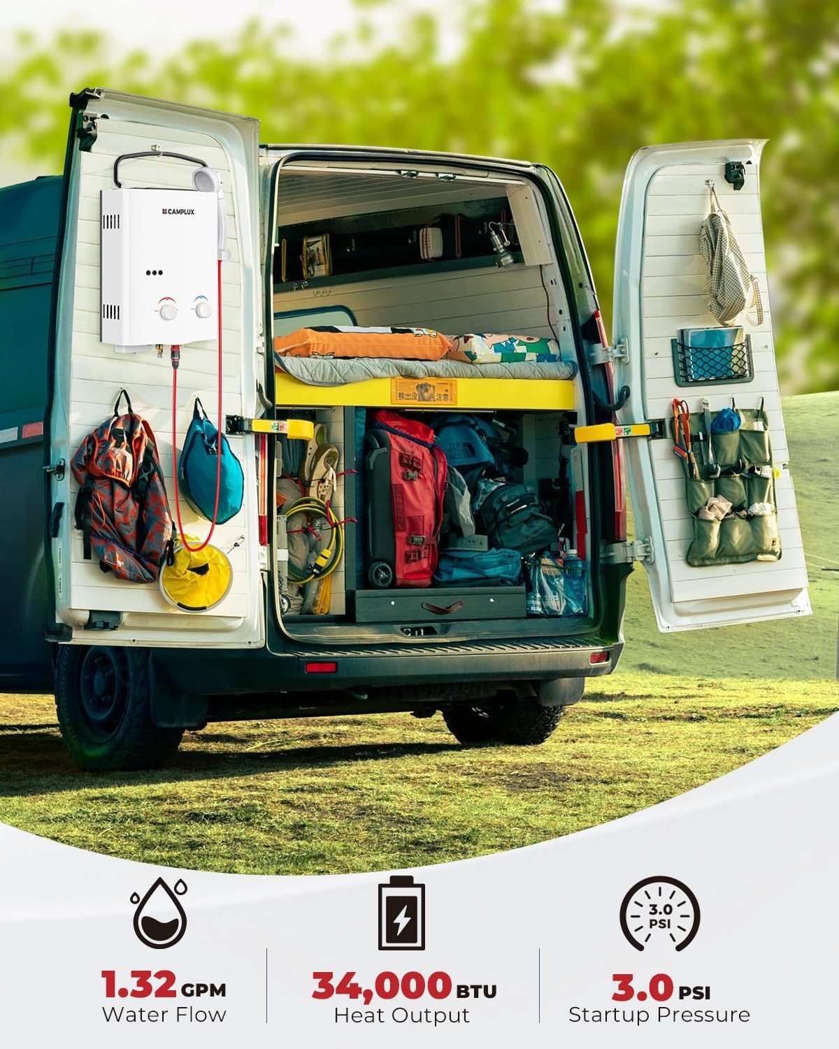 CAMPLUX Calentador de agua sin tanque para exteriores, 1.32 GPM portátil.