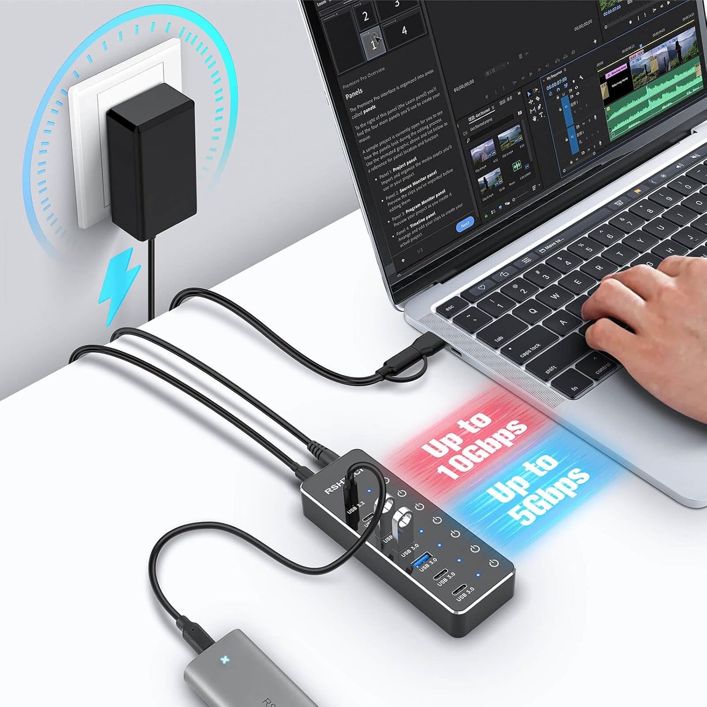 Divisor de concentrador USB 3.2/USB-C, 7 puertos, RSHTECH.