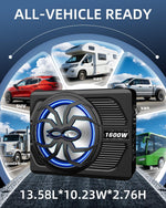 Subwoofer y amplificador, 1600 W para debajo del asiento, con luz LED.