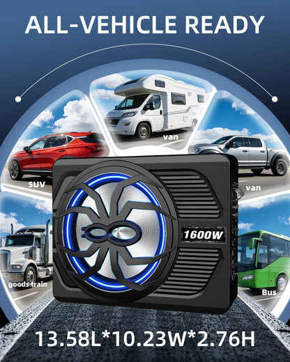 Subwoofer y amplificador, 1600 W para debajo del asiento, con luz LED.