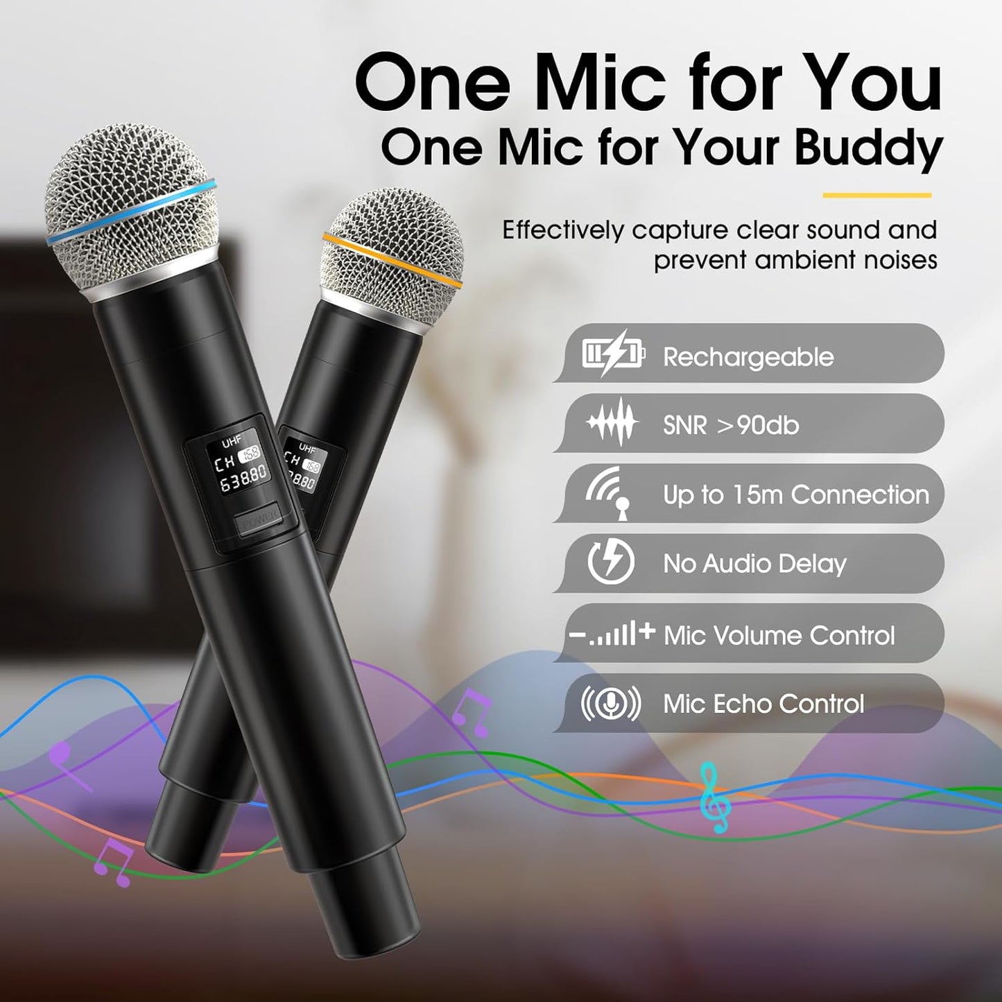 Karaoke retro con 2 micrófonos inalámbricos, Bluetooth, recargable.