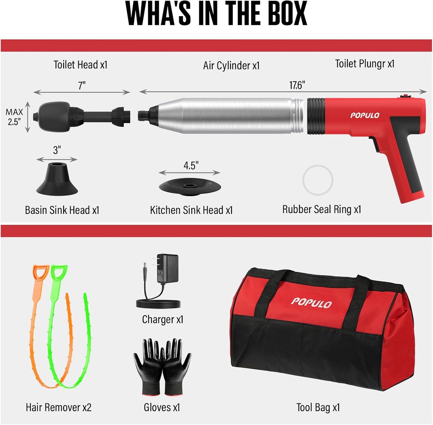 POPULO Émbolo eléctrico para inodoro Swift de alta presión.