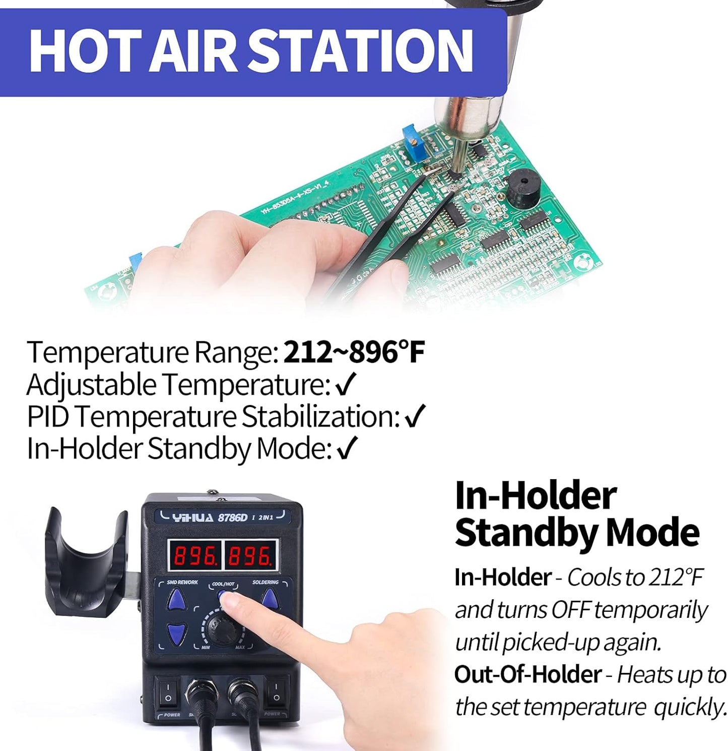 Estación de soldadura y retrabajo de aire caliente, YIHUA 8786D.