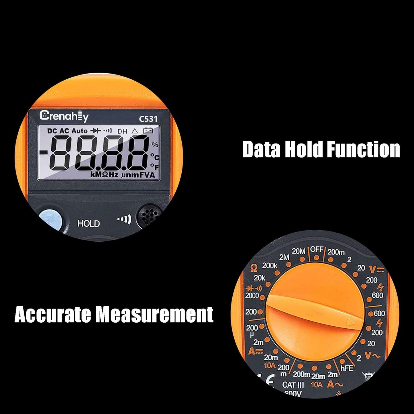 Multímetro digital, voltaje, corriente, resistencia, diodo, continuidad.