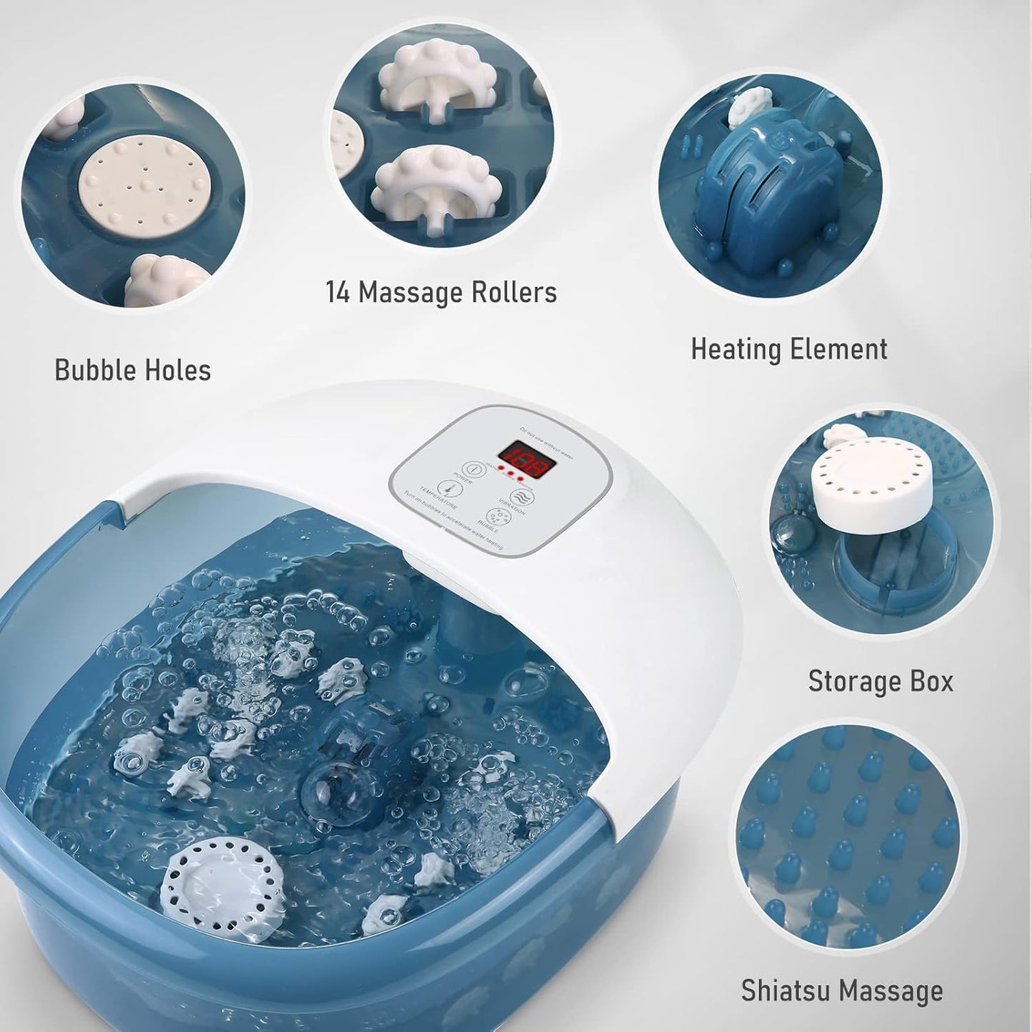 Masajeador de baño de pies con calor, burbujas, vibración, y 14 rodillos de masaje.