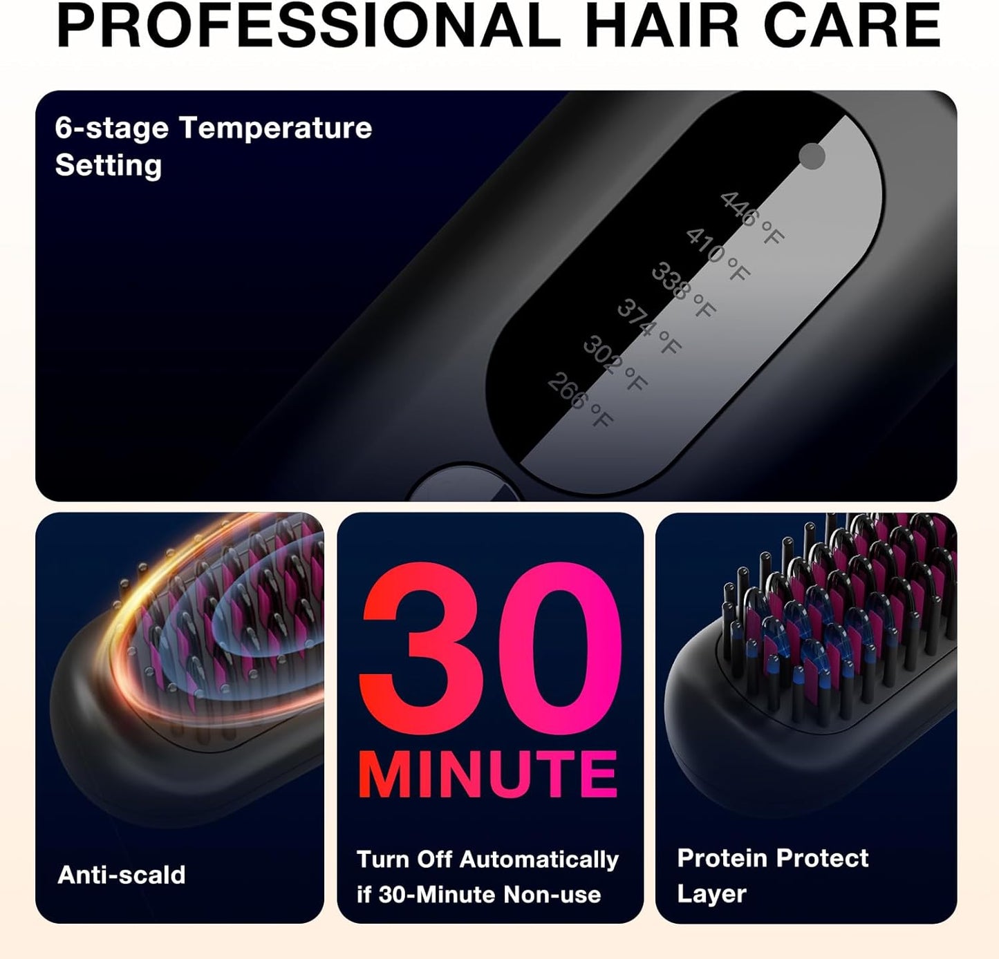Cepillo alisador de cabello, 6 temperaturas, iones negativos.