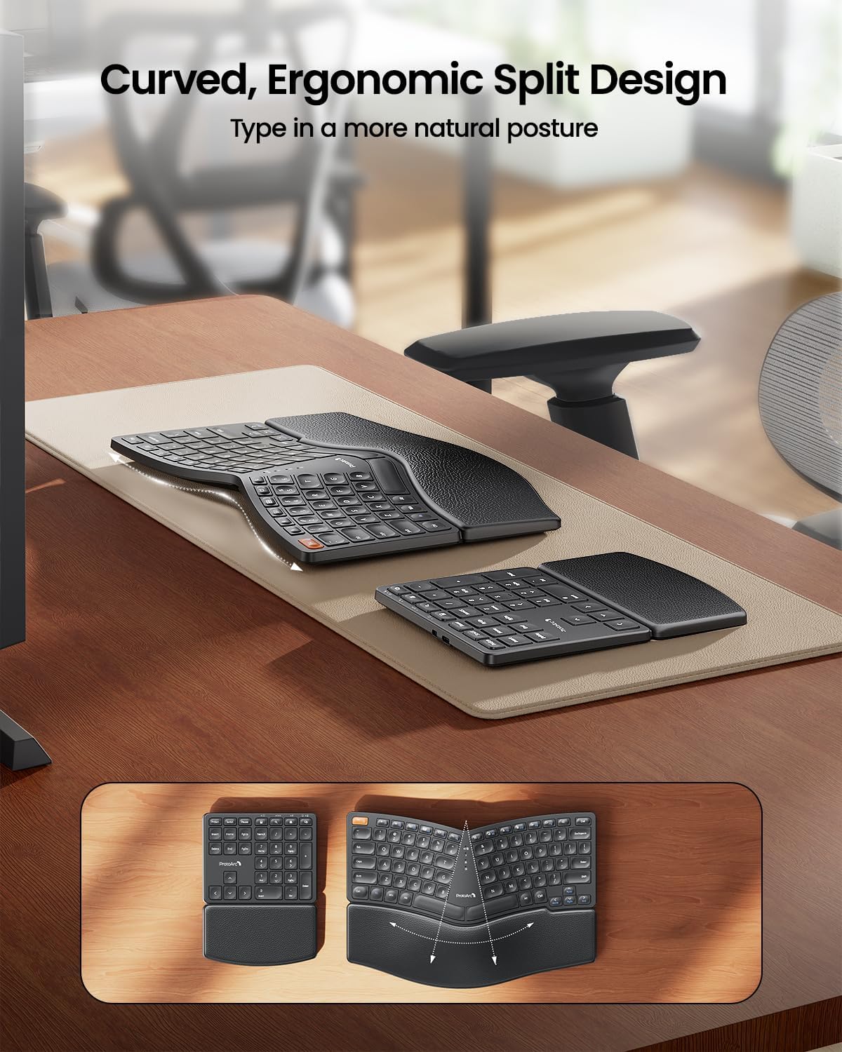 Teclado ergonómico inalámbrico ProtoArc EK04 Ergo con teclado numérico separado