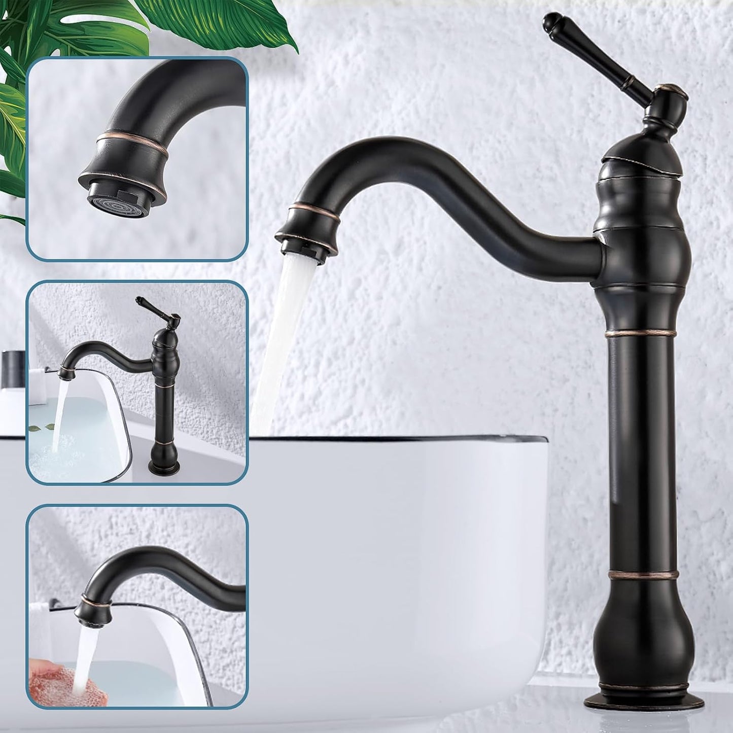 Grifo giratorio de 360° para lavabo de una sola manija y drenaje, bronce aceitado