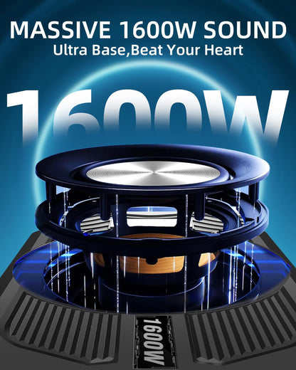 Subwoofer y amplificador, 1600 W para debajo del asiento, con luz LED.