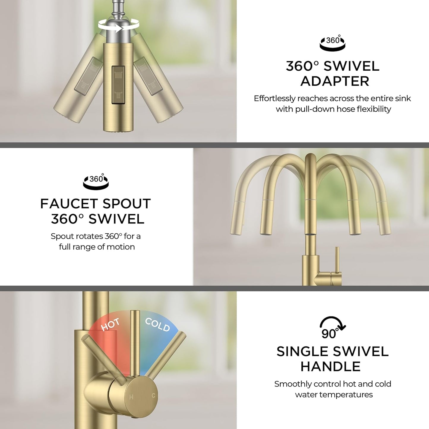 Grifo de cocina con rociador extraíble, oro cepillado, 1 o 3 ags.