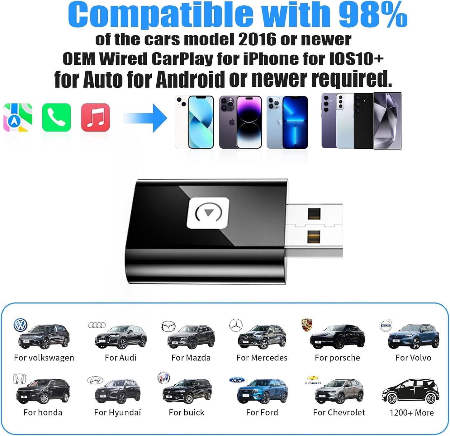 Adaptador inalámbrico CarPlay para Apple, 2025 2 en 1 Compatible con iOS y automóviles.