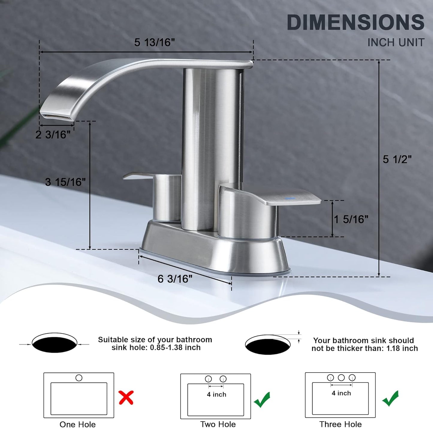 Grifo estilo cascada para lavabo de baño, níquel cepillado, dos manijas ULTIMATE UNICORN