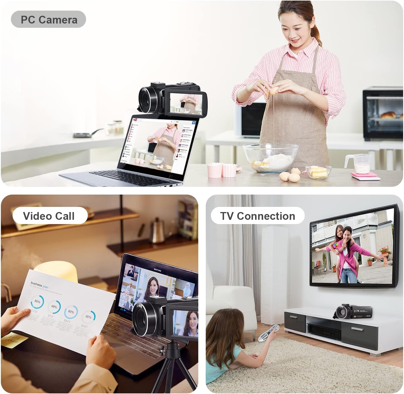 Cámara de video digital 2.7K, 48 MP, zoom digital 16X, panel táctil.