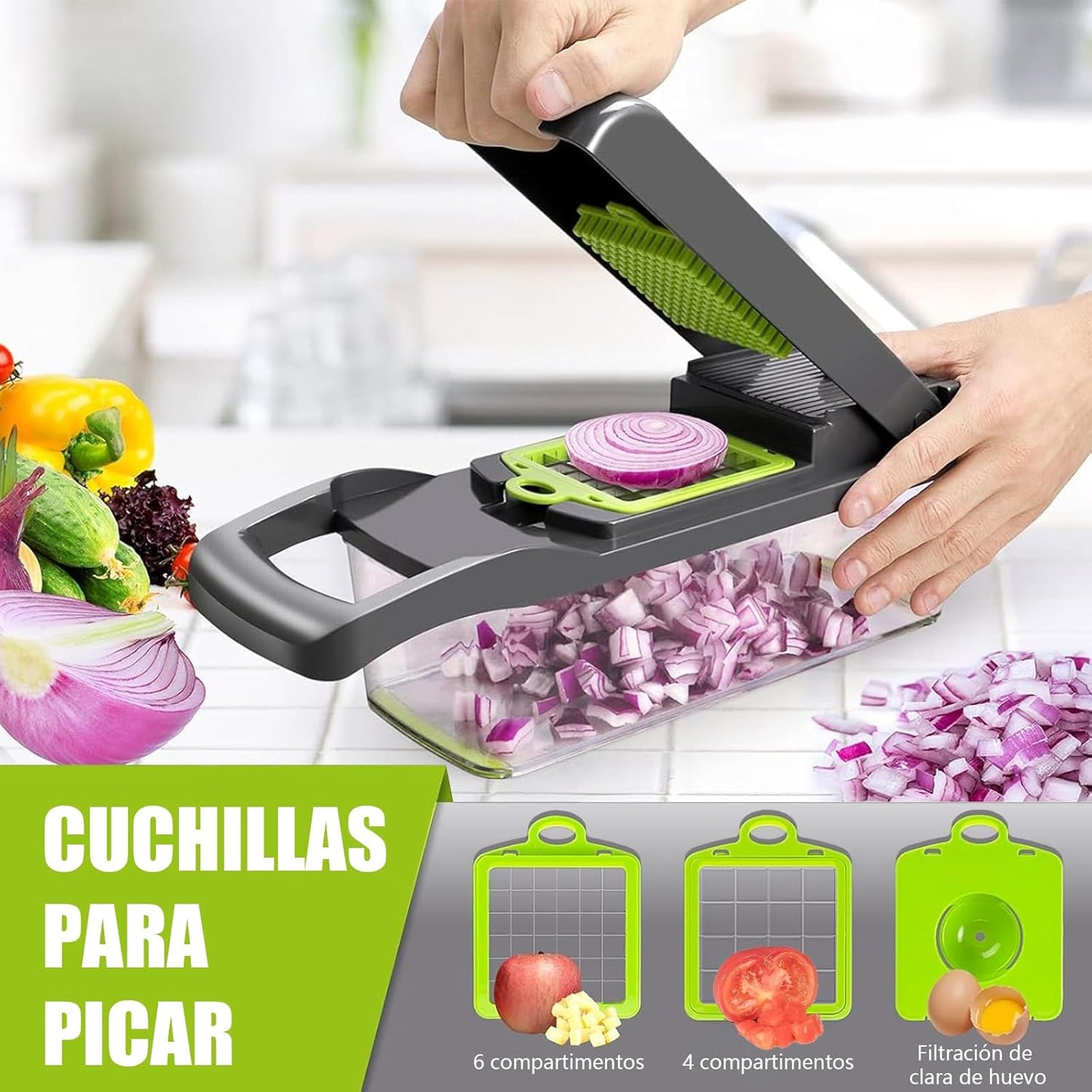 Cortador de Verduras, 16 en 1, 7 Cuchillas de Acero Inoxidable.