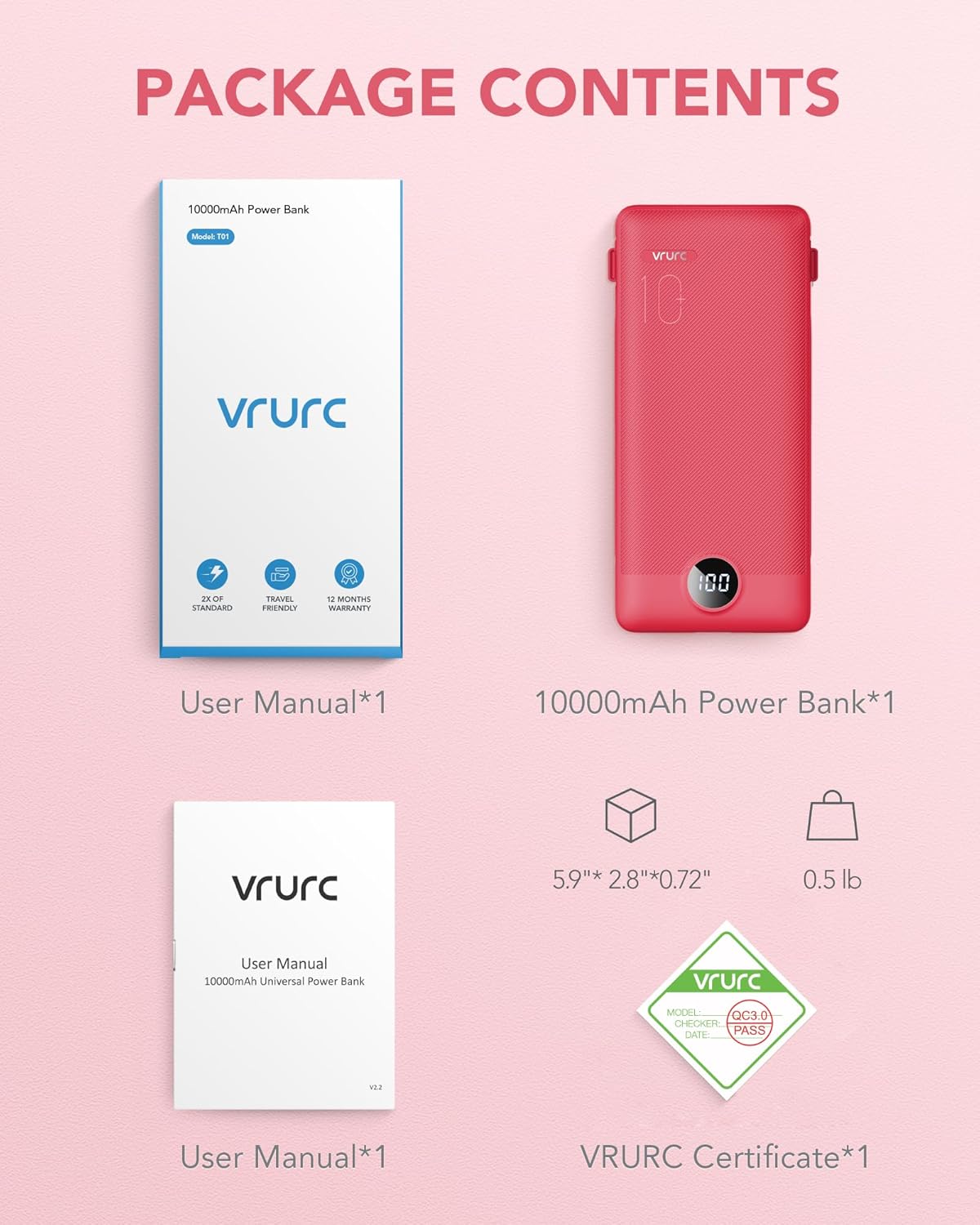 VRURC Cargador portátil con cables y enchufe, 10000mAh.