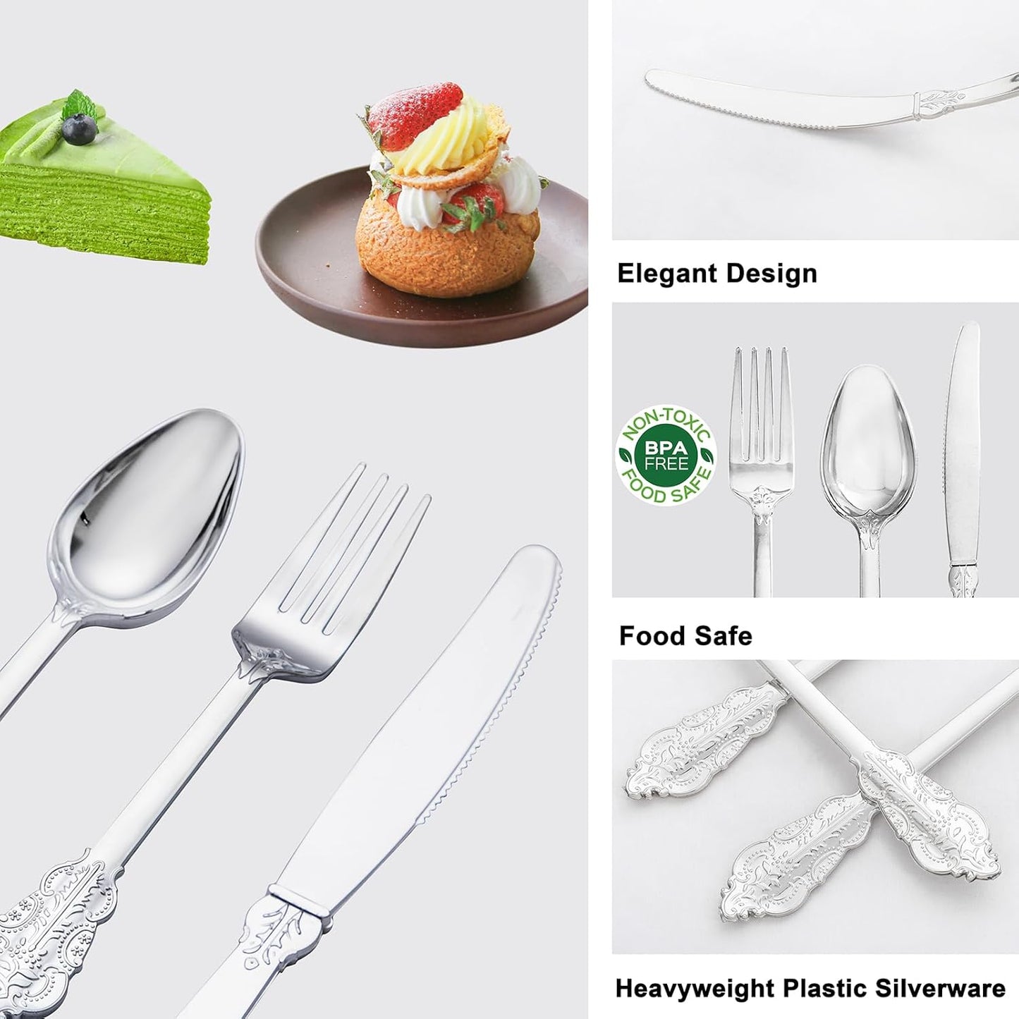 Cubiertos de plástico plateado, Servilletas preenrollados, 400pcs.