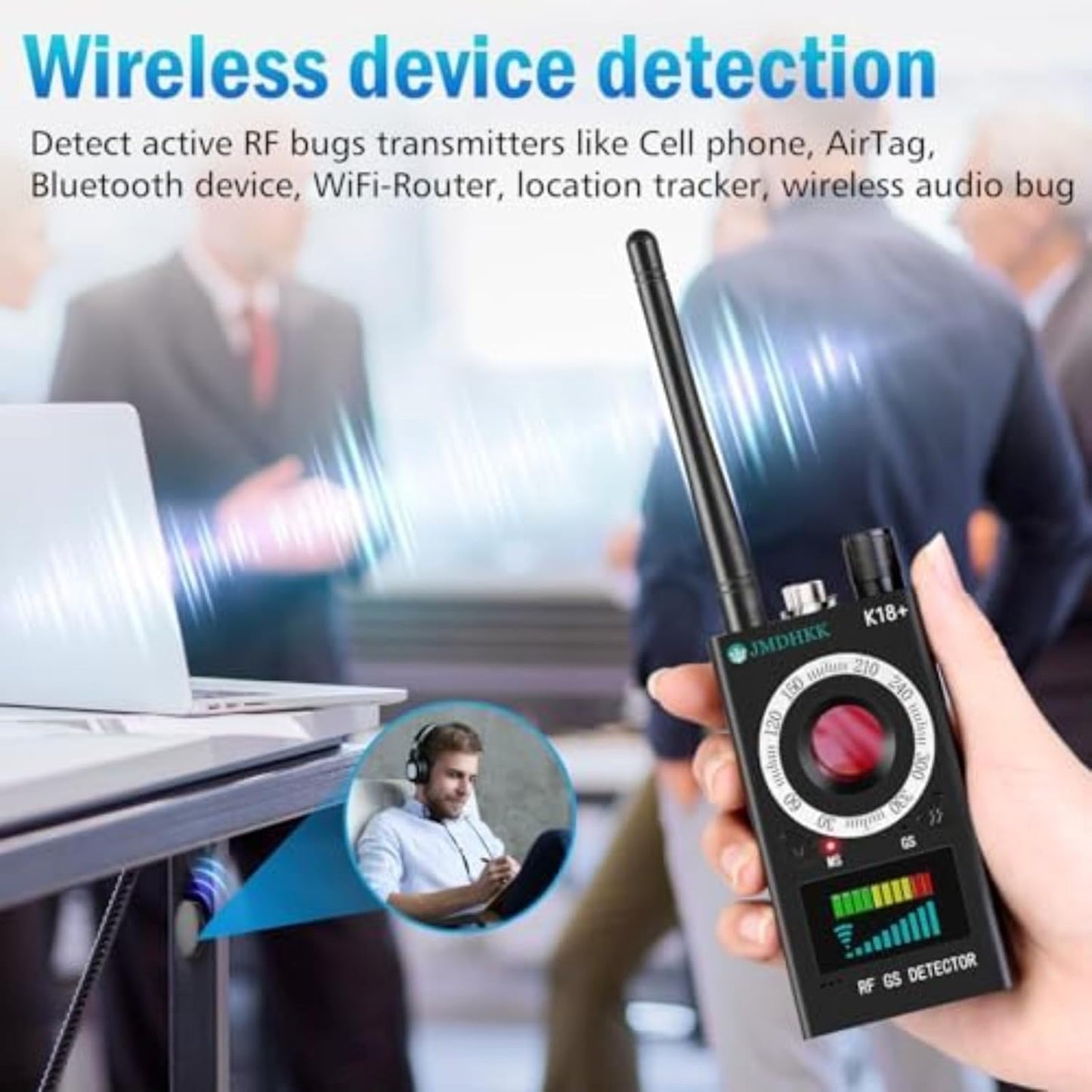 Detector de señales RF, inalámbrico, cámaras, GPS, Disp. Ocultos.