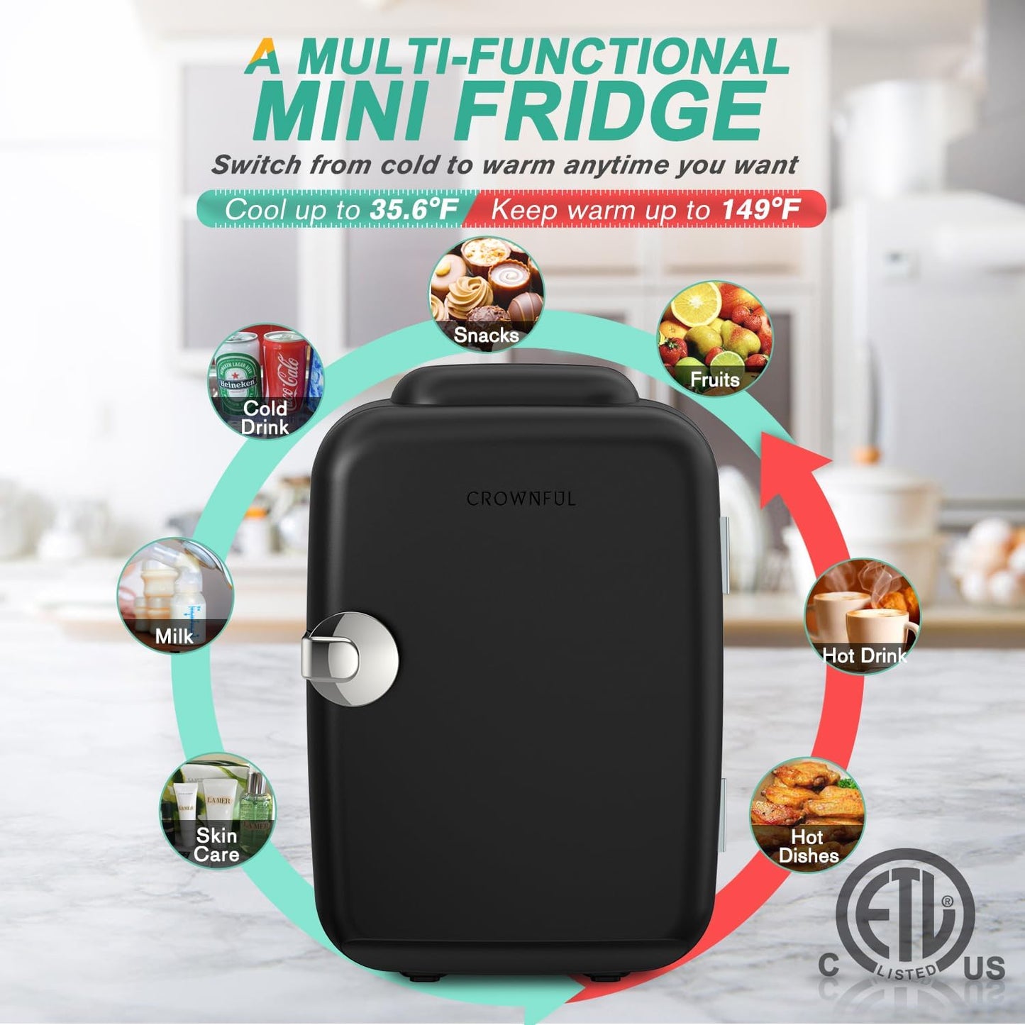 Mini Refrigerador, 4L/6 latas, portátil personal. CROWNFUL