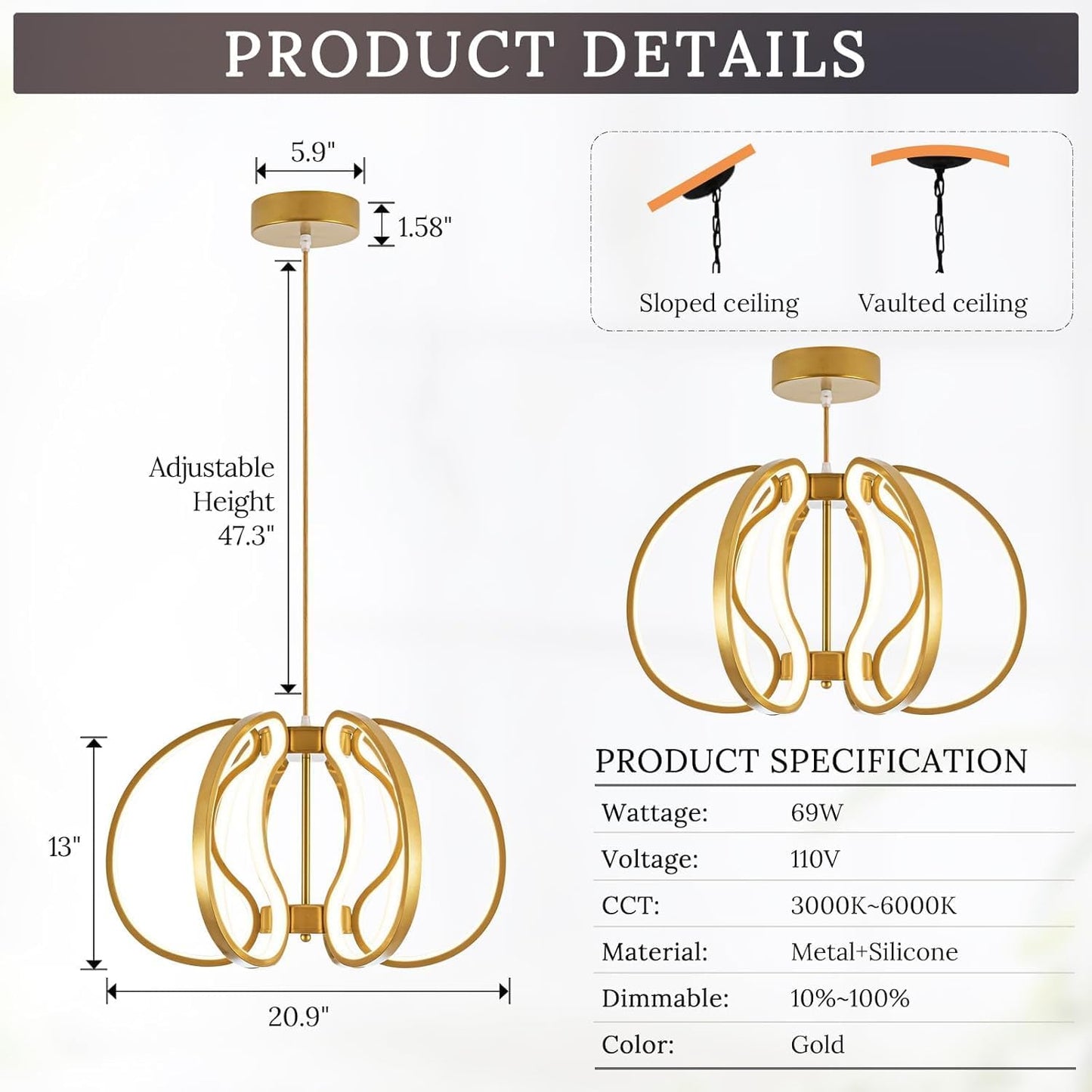 Jyforid, Lámpara de araña moderna, color oro LED, regulable.