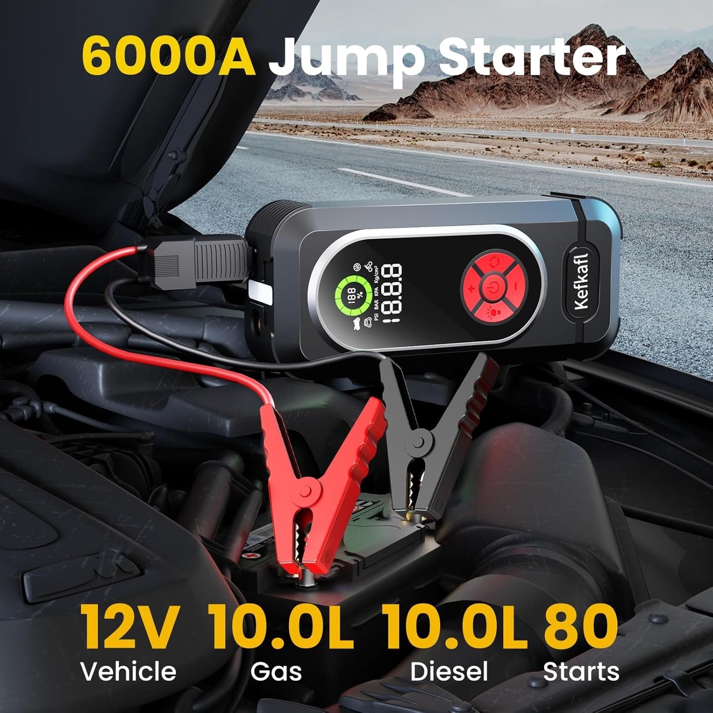 Arrancador portátil para coche con compresor de aire, Kefkafl.