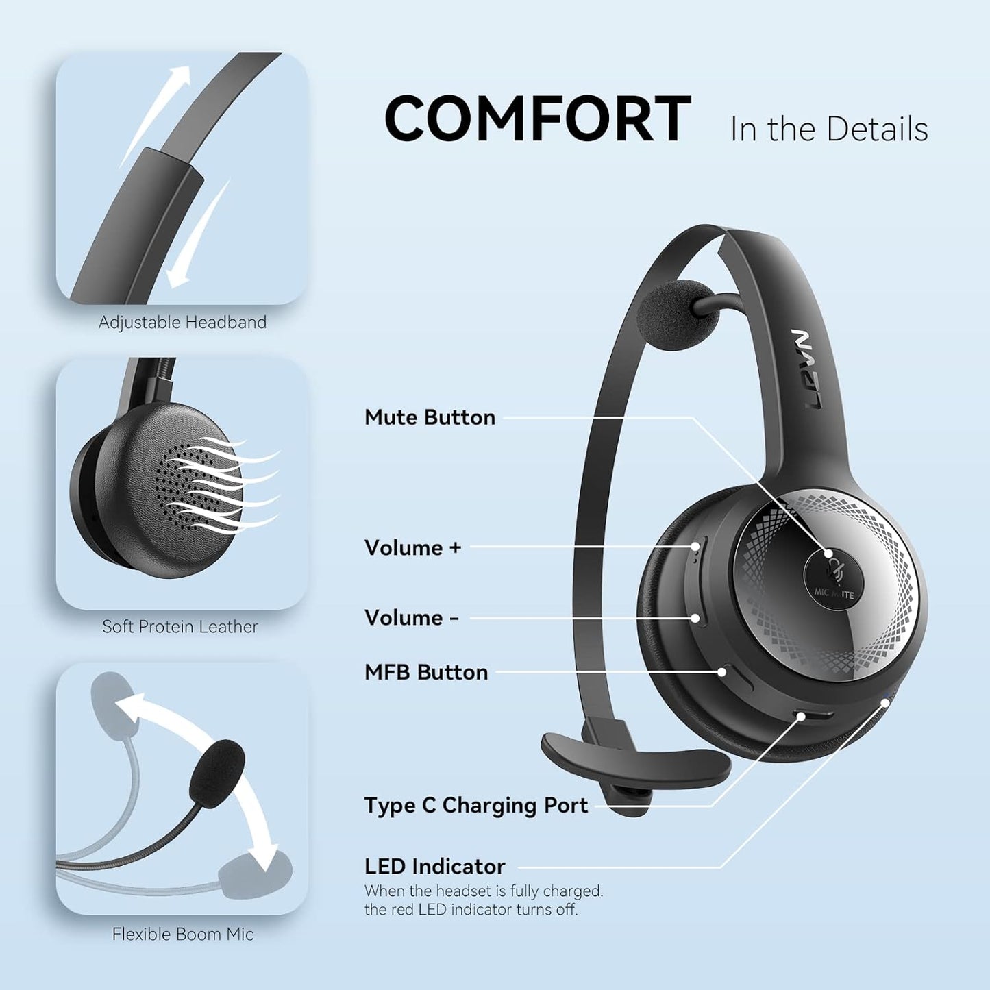 LEVN, Auriculares Bluetooth 5.0, con microfono, Bluetooth.