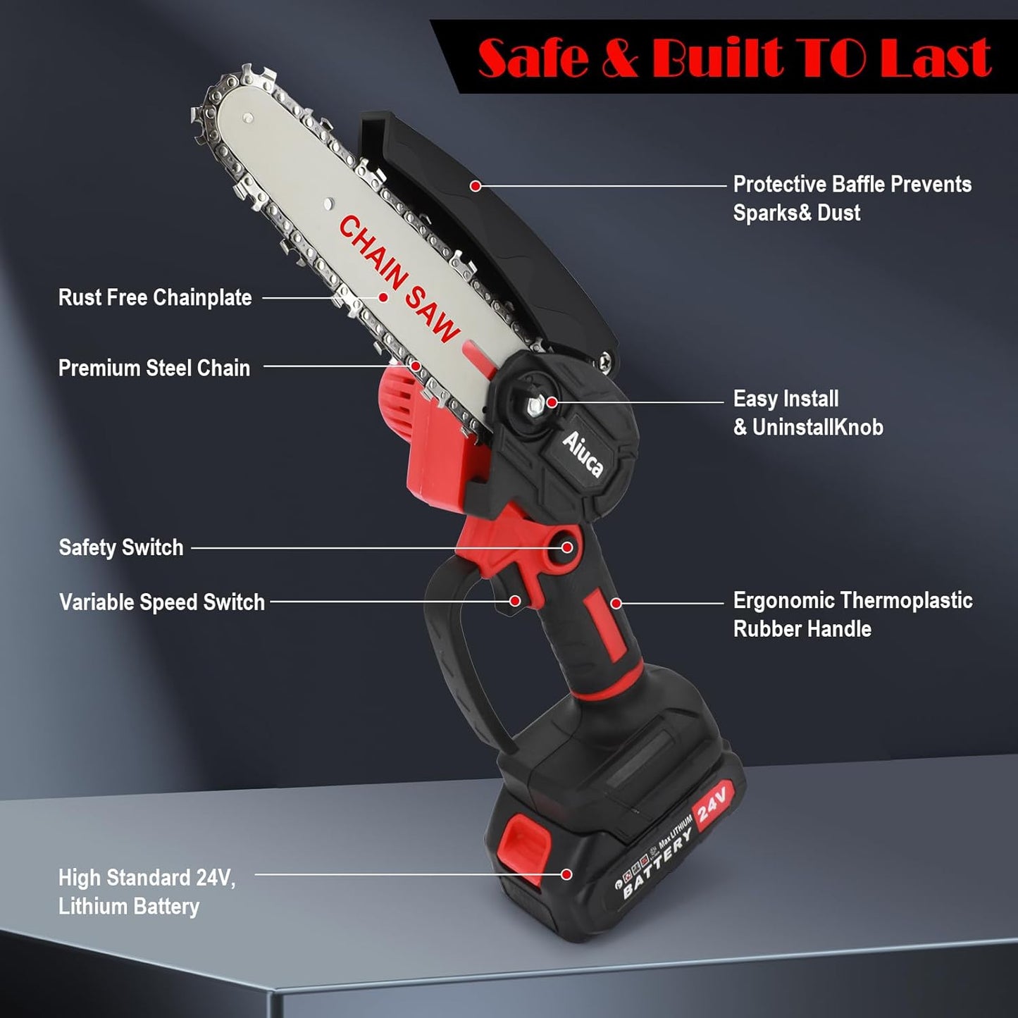 Mini motosierra inalámbrica de 6 pulgadas.