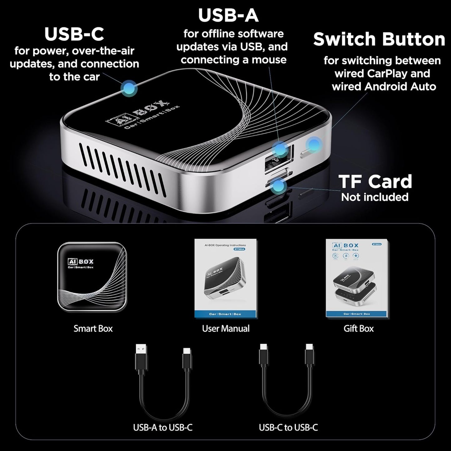 3 en 1 Adaptador inalámbrico CarPlay. Plug & Play