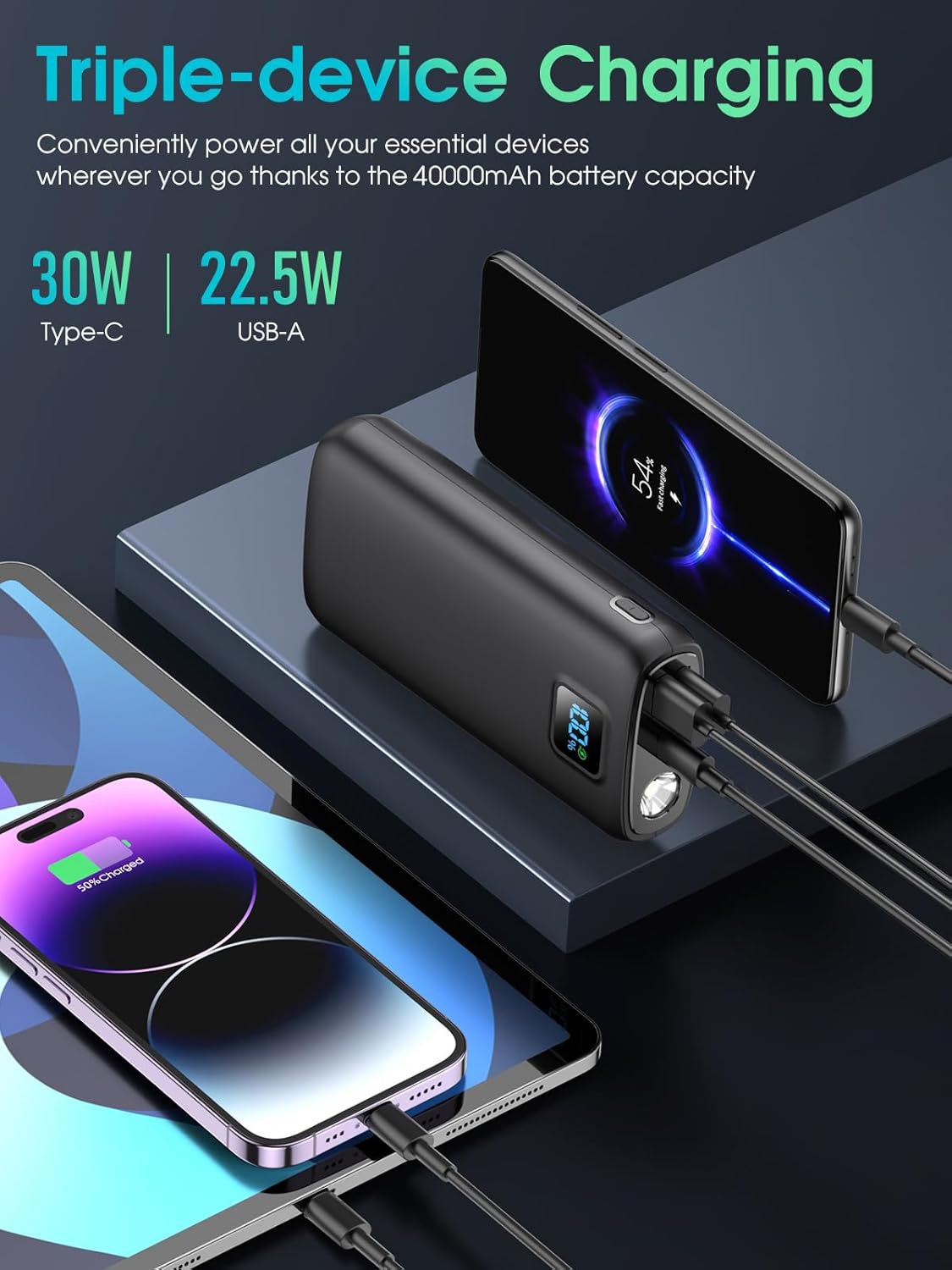 Cargador portátil de 40 000 mAh linterna integrada