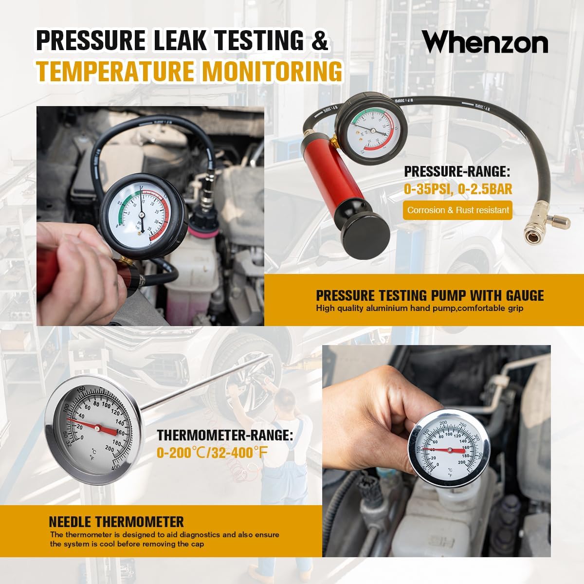 Kit probador de presión, radiador, carga refrigerante, det. fugas.