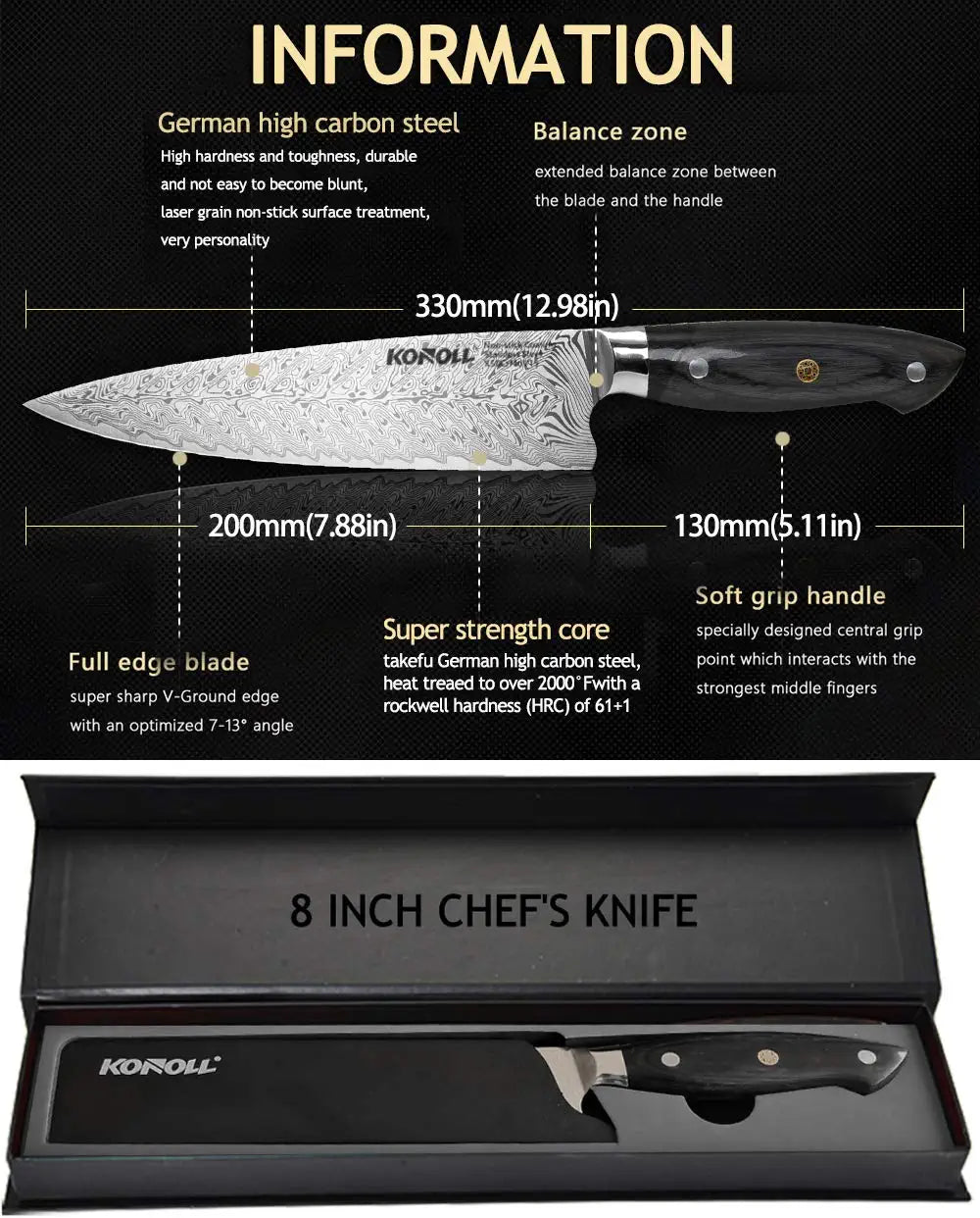 Cuchillo de chef profesional KONOLL de 8", acero aleman.