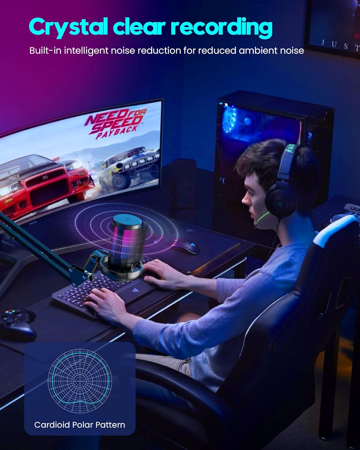 QIUOIO Micrófono para videojuegos con brazo, RGB (DETALLE).