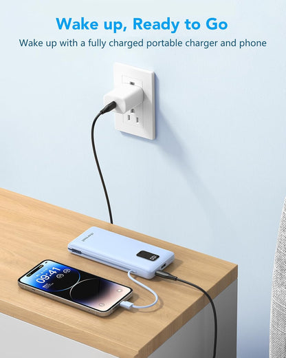 Charmast Cargador portátil con cables integrados y enchufe de pared.