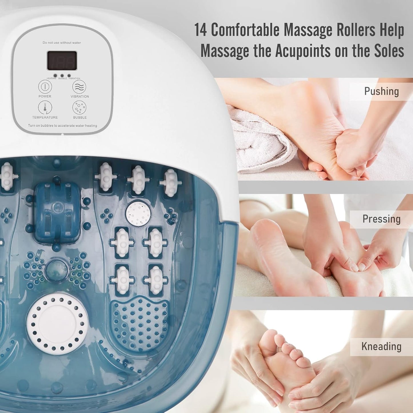 Masajeador de baño de pies con calor, burbujas, vibración, y 14 rodillos de masaje.