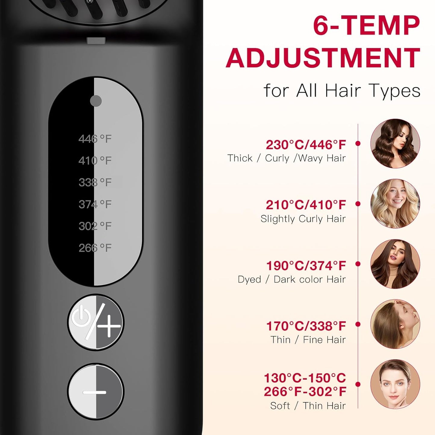 Cepillo alisador de cabello, 6 temperaturas, iones negativos.