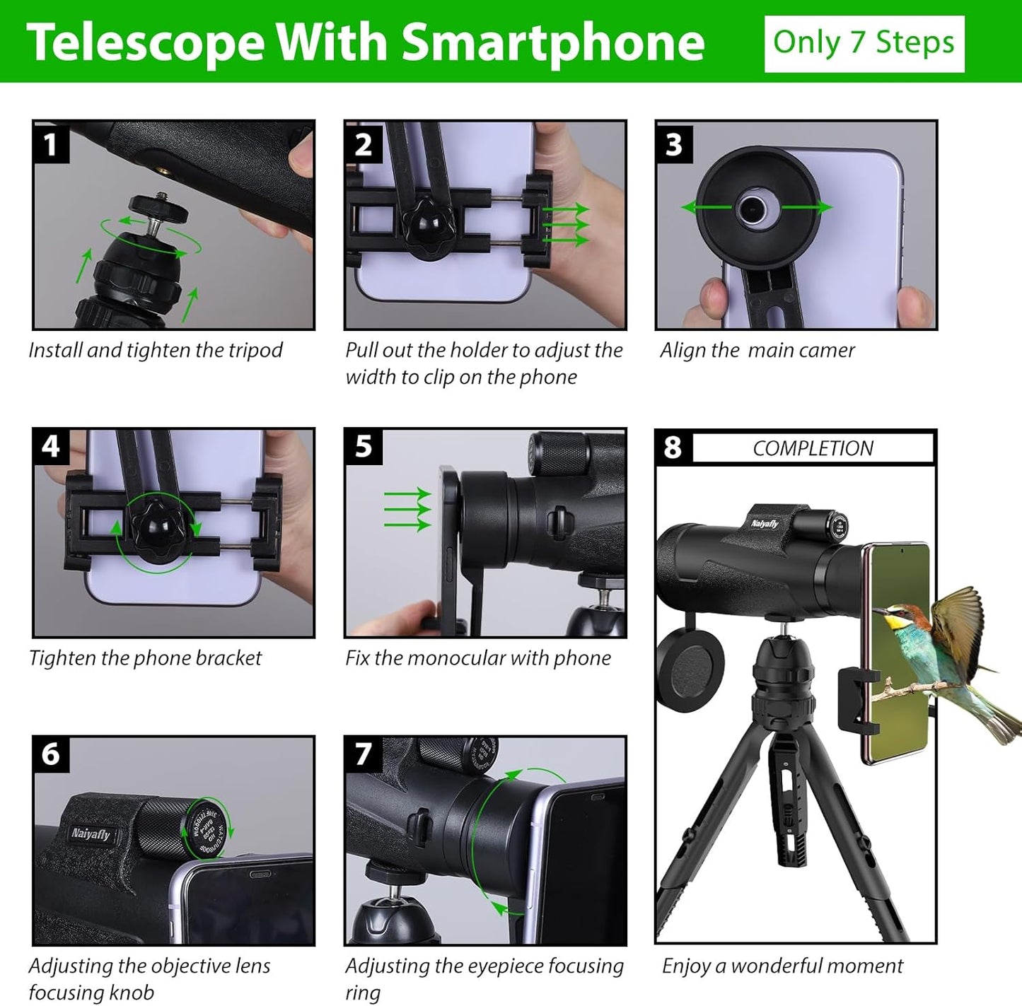 Telescopio monocular HD de 12 x 50 para teléfonos inteligentes, NAIYAFLY.