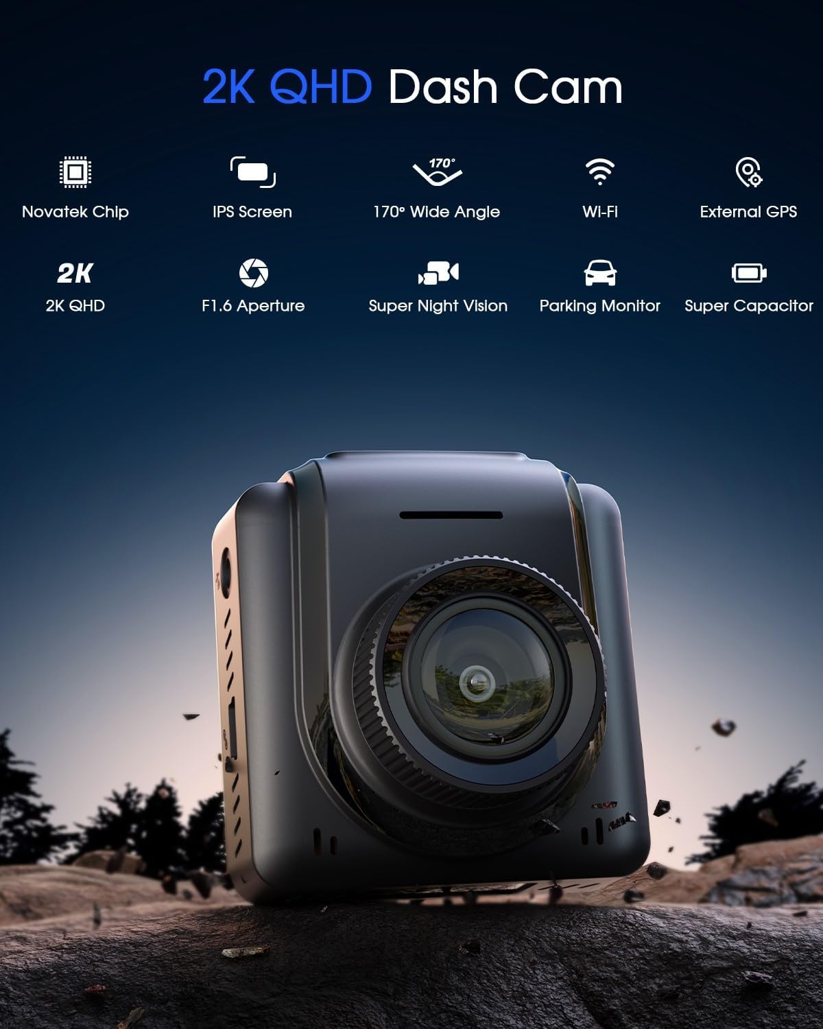 Dash Cam WiFi 2K, pantalla IPS de 1.5", sensor G, 170°.