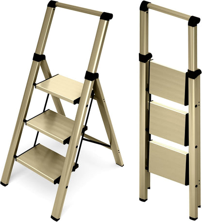 Escalera, aluminio de 3 escalones, plegable con asa, antideslizante.
