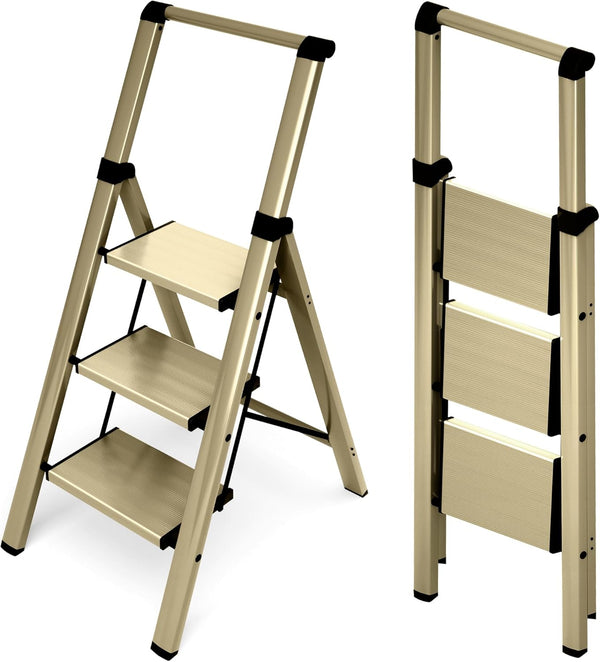 Escalera, aluminio de 3 escalones, plegable con asa, antideslizante.