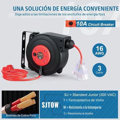 Carrete de cable de extensión retráctil Vevor, 30 ft toma triple iluminada