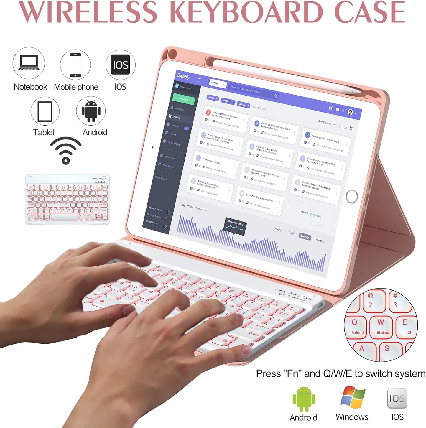 Funda de teclado para iPad de 11", teclado inalámbrico, retroiluminado.