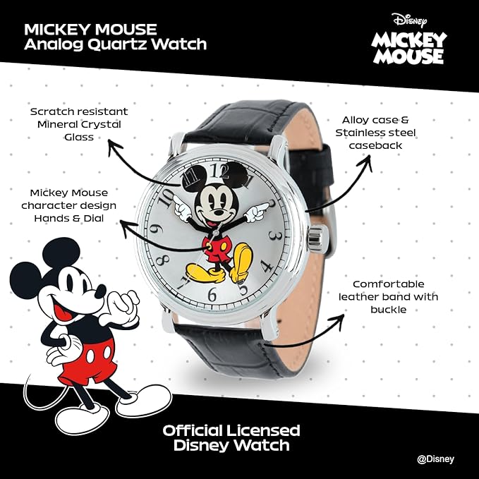 Reloj para adultos, con correa de cuero, Mickey Mouse.