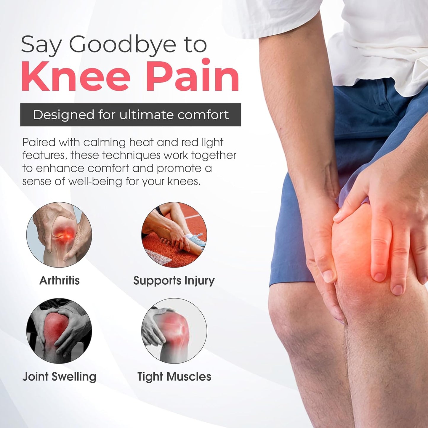 Masajeador de rodilla portátil 4 en 1, vibración y calor calmante.
