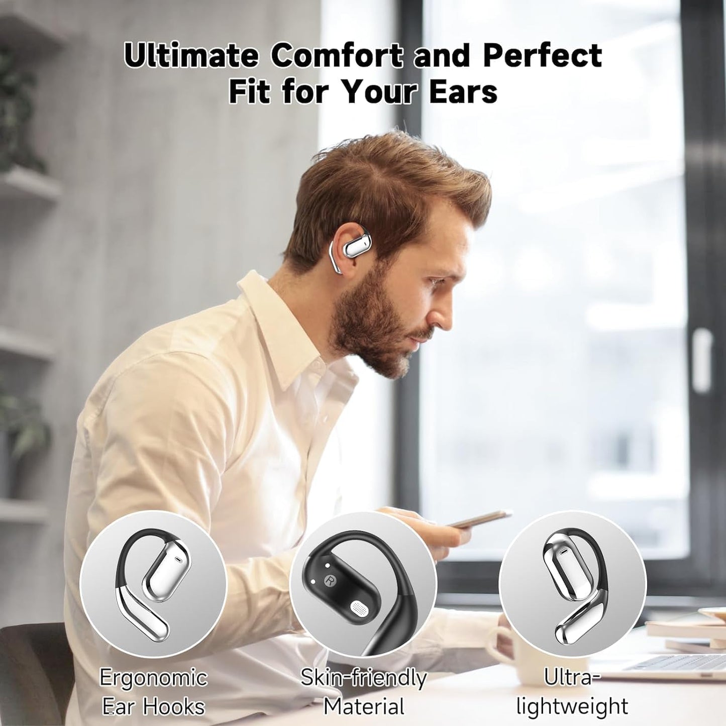 Auriculares Bluetooth 5.4 de Oído Abierto,Manos Libres blancos