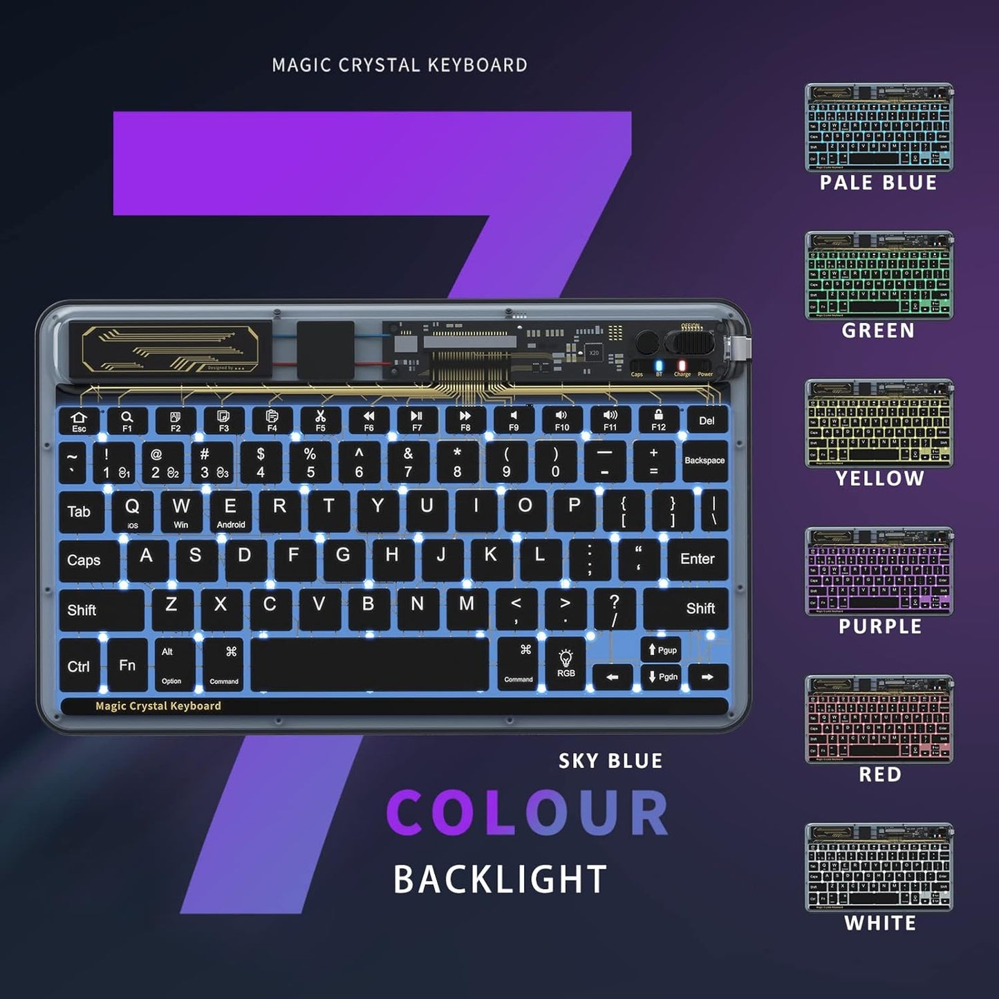 Mini teclado Bluetooth inalámbrico, 7 colores RGB,  iOS, Android.