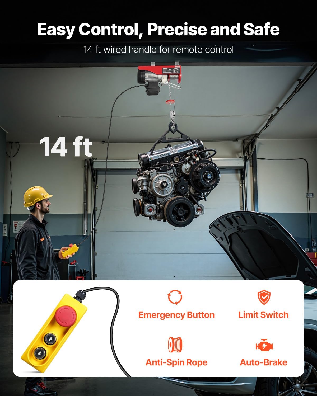 Polipasto eléctrico con control remoto, VEVOR, 440 lbs. 110 V.